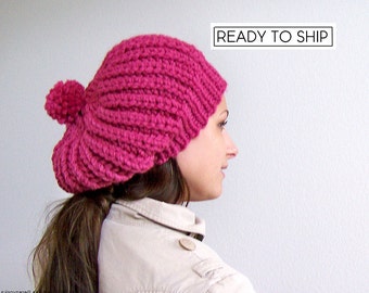 Knit Hat with Pom Pom, Pink Hat, Pink Beanie, Womens Hat, Chunky Knit Hat, Women Slouchy Beanie,,Knit Slouchy Hat, Pom Beanie Slouch Beanie