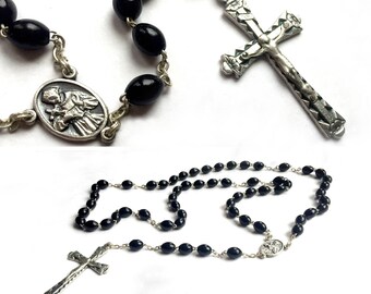 Vintage Catholic Rosary, Italian Black Bead Silver Rosary, Black Bead St Francis Catholic Rosary Made in Italy, Black Rosary Made in Italy