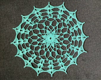 New Handmade Crocheted "Evening Time" Doily in Aqua 9.5"