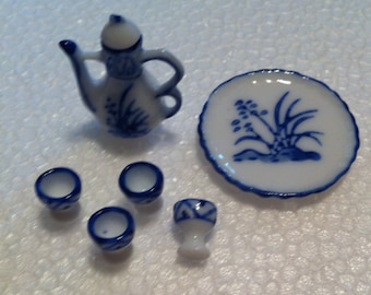 Teaset, Porcelain DollhouseTeaset, Miniature Teaset, Tiny Blue and White Teaset