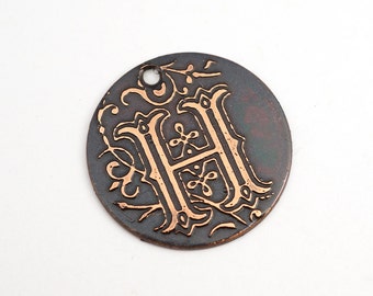 Handmade copper H charm, round flat etched spiraling letter, 25mm