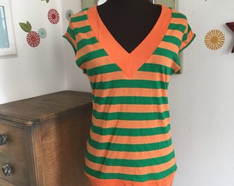 Vintage Striped T-Shirt, 1970's Style V-Neck Cap Sleeve Tee