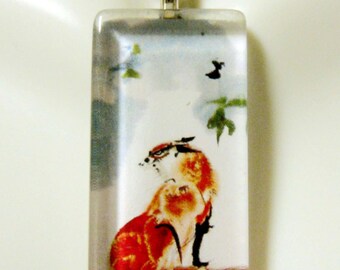 Watercolor fox pendant and chain - WGP12-003