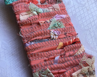 Hand Stamped Coral Ribbon, Junk Journal Trim, Vintage Look Lace and Satin Ribbon, Mixed Media Accent Ribbon and Fringed Tag