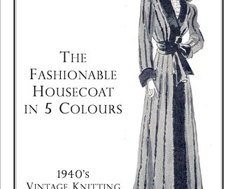 Vintage Knitting Pattern pdf ladies Multi-Coloured Housecoat Dressing Gown 1940s Instant Download
