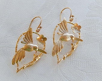 Hummingbird Earrings, Floral Earrings, Dangly, Gift for Her
