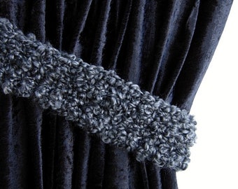 One Pair of Black & Dark Gray Curtain Tiebacks, Curtain Tie Backs, Drapery Drapes Holders, Fluffy Soft Crochet Knit, Ready to Ship in 2 Days