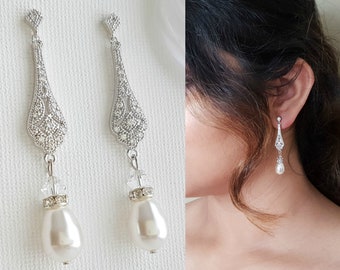 Wedding Earrings Vintage Style Art Deco Bridal Earrings Long Swarovski Pearl Drop Earrings Rose Gold Earrings For Vintage Weddings, Lisa