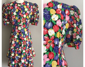 70s 80s Bright Colored Tulip Print Dress with Tiered Ruffle Skirt