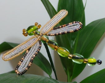 French Beaded Green Dragonfly Plant Stick