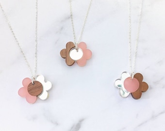 Flower wooden necklace, pink perspex and silver mirror