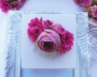 Pink flower hair comb, flower hair piece, rose wedding hair accessories, pink flower headpiece, pink bridesmaid hair comb, flower girl
