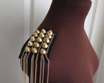 1 Pair of shoulder patch trims, black with gold studs and chains