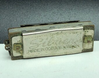 VINTAGE MINIATURE HARMONICA silver musical instrument keychain key chain occupied Japan tiny small working collectible