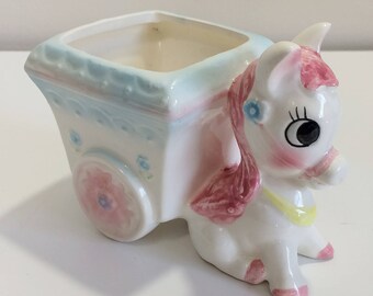 Vintage Baby Donkey with Cart Planter Vase pink Japan