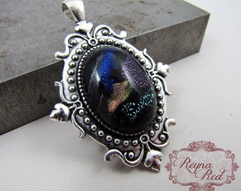 Harlequin Dichroic Glass Pendant in Silvertone Setting, Dichroic glass pendants, statement focals, glass focals, OOAK - reynaredsupplies