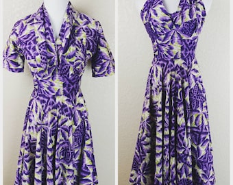 Hello! Incredible Purple and Green Vintage Royal Hawaiian Halter Dress with Bolero