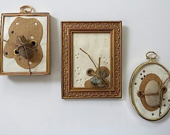 Set of 3 Rock Portraits on Upcycled Wallpaper in Vintage Gold Frames