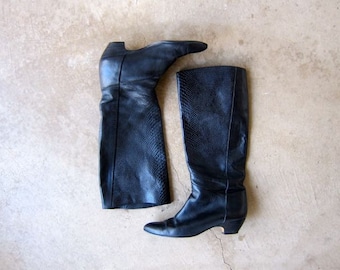 Vintage Tall Leather Boots 90s Black Leather Fashion Boots Slouchy Italian Boots Riding Boots Womens 8.5 or 9N