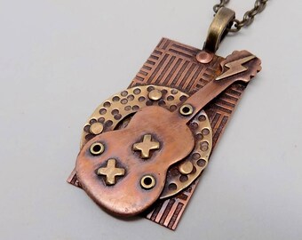 Mixed metal guitar steampunk jewelry necklace pendant. Steampunk jewelry.