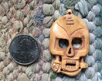Large 50mm Handcarved Bone Skull with Rose Pendant