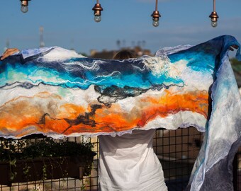Nuno felted shawl Cobweb Felted Scarf Boho shawl Art scarves Nuno Felt scarf Turquoise Orange large scarf Wool and silk