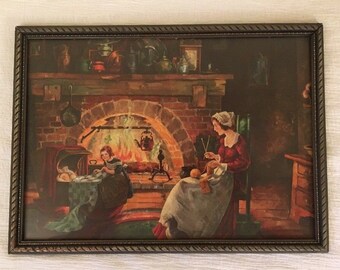 Antique / Vintage Mother & Children Open Hearth Print Wood Frame Silver Gilt