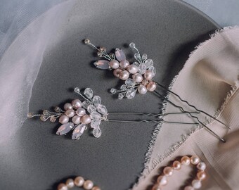 Bridal hair pins -Wedding hair pins - Pearl hair pins - Rose Crystal hair pins - Hair pins bridal- Silver bridal hair pins -Hair pin wedding