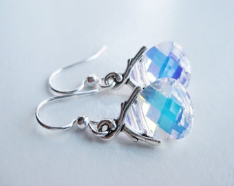 Aurora Borealis earrings, Swarovski crystal teardrops, small drop, shiny earrings, AB crystal ear ring, top selling items
