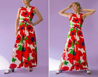 70s Malia Honolulu white oversized red floral maxi dress | size small