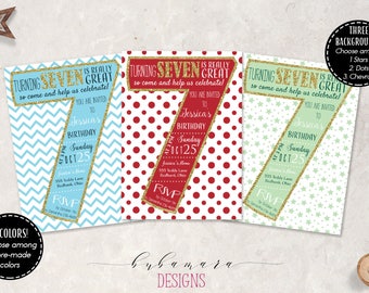 Kids 7th Birthday Invitation Number Seven Birthday Invite Dots Chevron Stars Invite Glitter Seventh Children Birthday Invitation - KB014