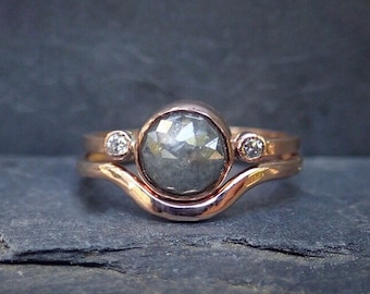 Unique Diamond Engagement Ring, Raw Diamond, Rustic Rose Cut Grey Diamond Ring, Round, 14k Gold Bezel setting, Conflict Free Diamond ring,