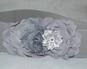 Chiffon Flower cinch belt, Wide elastic stretch corset belt, stretch belt, Wide belt, Silver Gray belt, Gray stretch belt
