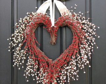 Heart Shaped Wreath - Valentine Wreath - Red and White Heart Wreath