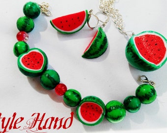 Set watermelon, watermelon earrings, bracelet watermelon, jewelry fruit, berries earrings, earrings, pendand, bracelet, gift, Christmas gift