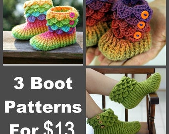 CROCHET PATTERN: Three Dragon Crocodile Boot Patterns (Crocodile Stitch Baby/Child/Adult) for 13 - Permission to Sell Finished Product