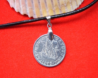 Portugal Coin Necklace with Ship. 2,5 Escudos, Mens Necklace, Womens Necklace, Coin Pendant,1979, 1981,1984,1985