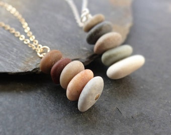 Beach stone necklace, sterling silver, gold, natural stone necklace, beach pebble pendant, cairn necklace, boho jewelry, nature jewelry