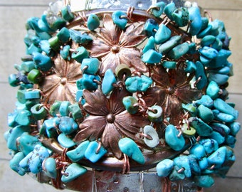 Turquoise & Vintage Copper Flower WONDER WOMAN Goddess Gemstone Bracelet - Cuff - Recycled Silver - Statement - catROCKS - OOAK - Woven