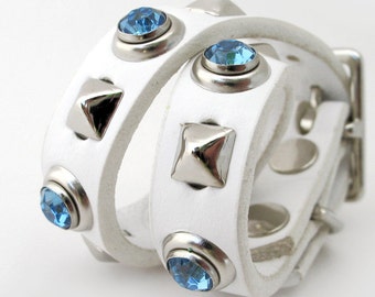 White Leather Dog Collar with Blue Rhinestones and Silver Pyramid Studs, Size XS, to fit a 8-10in Neck