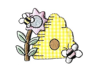 Beehive - Bumblebee - Bumble Bee - Gingham - Honey - Embroidered Iron On Applique Patch