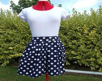 pleated skirt Navy blue white polka dots