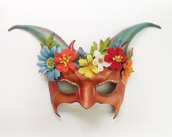Leather Horned Creature Goat Mask with Flowers and a little Glitter by Teonova lightweight easy to wear elastic straps