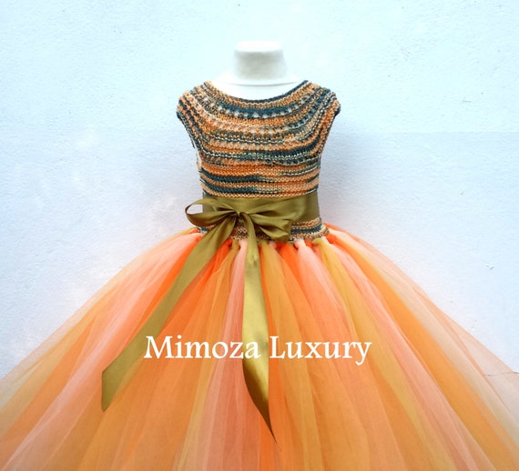 Autumn Flower girl dress, autumn wedding, orange, green, gold princess dress, gold crochet top tulle dress, hand knit tutu dress