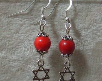 Star of David Earrings - Red Coral