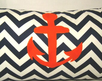 Anchors Away ZigZag blue/White/orange pillow cover 14 X 24