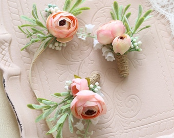Corsage and Boutonniere Set, Wrist Corsage, Mia Pink Ranunculus Peony // Wedding / Prom / Bridesmaids / Groomsmen