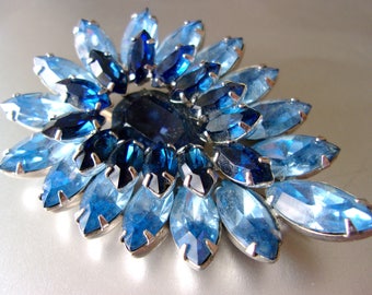 Blue Givre Rhinestone Brooch, Rhodium Plated, Marquis-Cut, Vintage