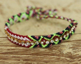 Woven cotton friendship bracelets with fake diamond artificial(pink,green,black,red,white)