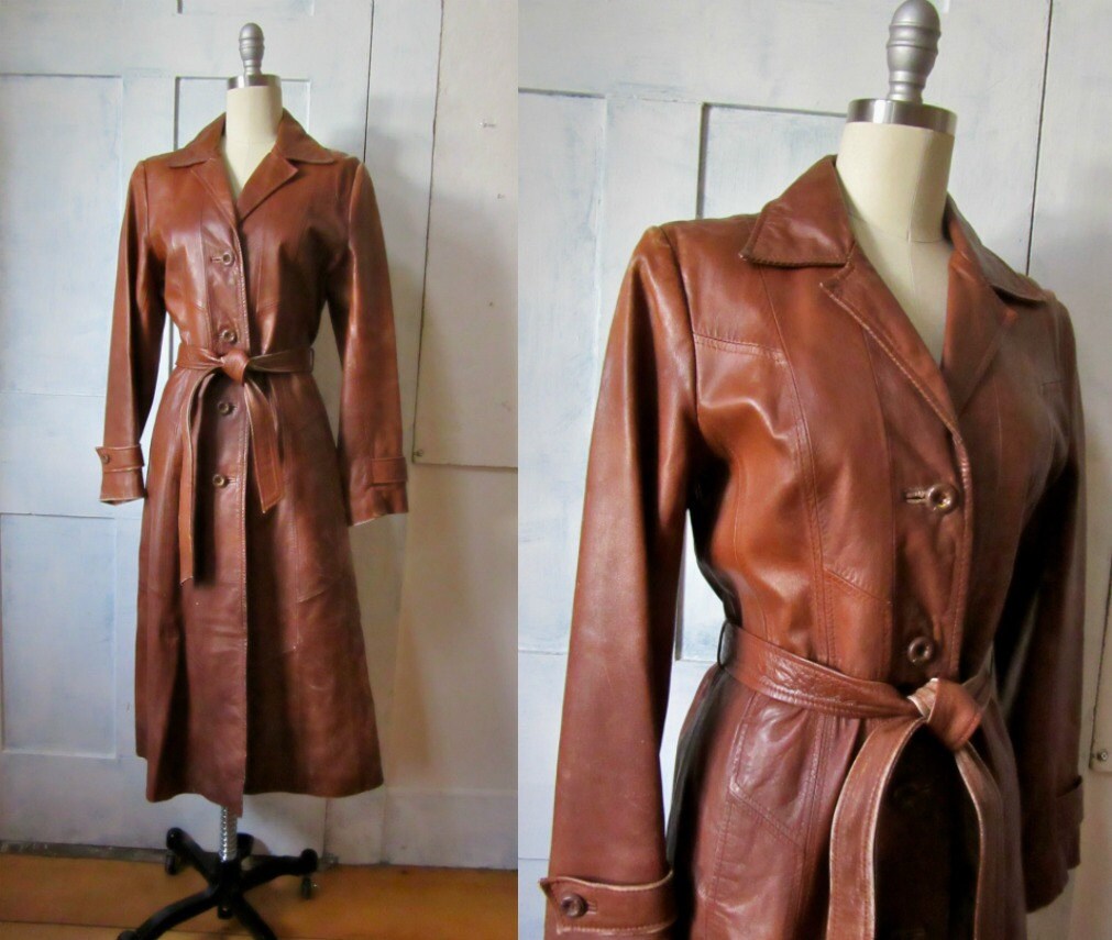 70s Brown Leather Trench Coat Patchwork Design